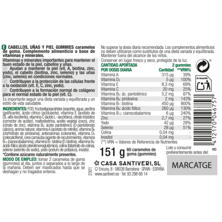 Vitaminas Belleza Gominolas Santiveri Cabello Uñas Piel 60 Gominolas Frambuesa Arándano Biotina Zinc