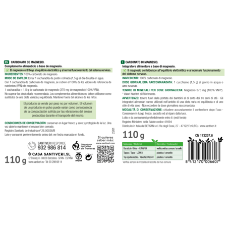 Suplemento Magnesio Polvo Santiveri Carbonato Magnesio 110g Antiácido Natural Soporte Muscular