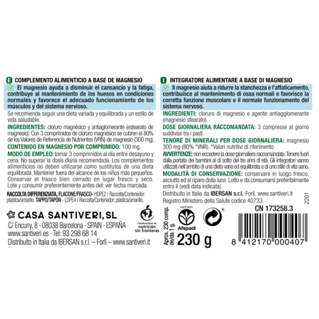 Suplemento Magnesio Comprimidos Santiveri Cloruro Magnesio 230 Comprimidos Soporte Músculos Huesos Energía