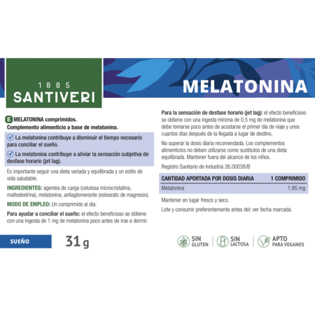 Ayuda Natural Sueño Santiveri Melatonina 1,95mg 60 Comprimidos Alivio Jet Lag Soporte Ritmo Circadiano