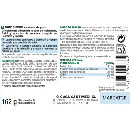 Gominolas Apoyo Natural al Sueño Santiveri Sleep Gummies Melatonina GABA Amapola California Lavanda Sabor Arándanos 60 Unidades